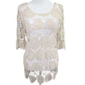 Teenbell Cream Cotton Crochet Knit Sheer 3/4 Sleeve Blouse Top Coverup One Size